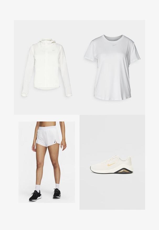 Valge Nike jakker, millel on kapuuts, täispikk tõmblukk, elastsed mansetid ja diskreetne logo rinnal. Sile tekstuur ja kerge disain.; Valge lühikeste varrukatega T-särk, mis on valmistatud siledast kangast, ümarate kaelustega ning mille rinnal on väike hall Nike logo.; Valged spordipüksid soonilise vöökohaga, külgmiste lõhikute ja musta Nike logoga. Kandmiseks koos mustade spordijalatsite ja valgete sportlike sokkidega.; Nike tossud valge ja kuldse kujundusega, millel on tekstuuriga pealisosa, pehmendustega kinga konts, must tall ja silmatorkav logo.