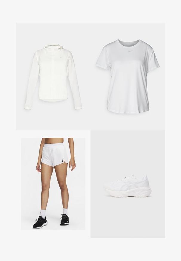 White Nike jacket with a hood, full zip, elastic cuffs, and a subtle logo on the chest. Smooth texture and lightweight design.; White short-sleeve T-shirt made of smooth fabric, featuring a round neckline and a small grey Nike logo on the chest.; White athletic shorts with a ribbed waistband, side slits, and a black Nike logo. Worn with black sneakers and white crew socks.; White athletic shoe with a breathable mesh upper and cushioned sole, featuring a textured pattern and minimalistic design accents.