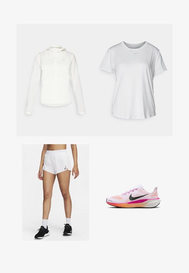 Chaqueta blanca de Nike con capucha, cremallera completa, puños elásticos y un logo sutil en el pecho. Textura suave y diseño ligero.; Camiseta blanca de manga corta hecha de tejido suave, con un escote redondo y un pequeño logo de Nike gris en el pecho.; Pantalones cortos deportivos blancos con cinturilla acanalada, aberturas laterales y un logo negro de Nike. Se llevan con zapatillas negras y calcetines blancos hasta la mitad de la pantorrilla.; Zapatilla de running blanca con parte superior de malla, acentos en rosa y naranja, logo del swoosh negro, suela de goma y media suela acolchada para mayor confort.