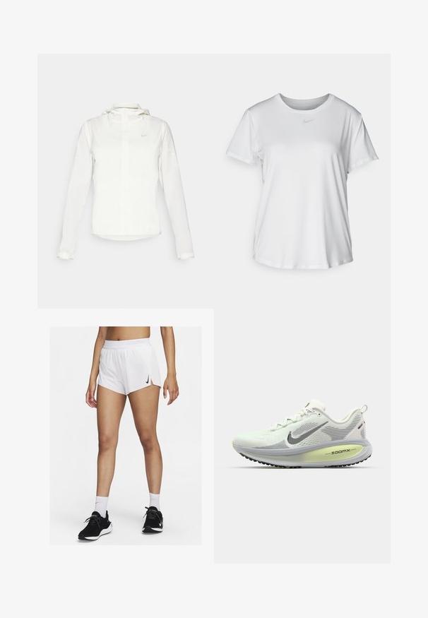 Biała kurtka Nike z kapturem, na zamek błyskawiczny, elastyczne mankiety i subtelne logo na piersi. Gładka tekstura i lekka konstrukcja.; Biała koszulka z krótkim rękawem, uszyta z gładkiego materiału, z okrągłym dekoltem i małym szarym logo Nike na piersi.; Białe sportowe szorty z prążkowanym pasem, bocznymi rozporkami i czarnym logo Nike. Noszone z czarnymi trampkami i białymi skarpetami za kostkę.; Nike Performance VOMERO 18 biały