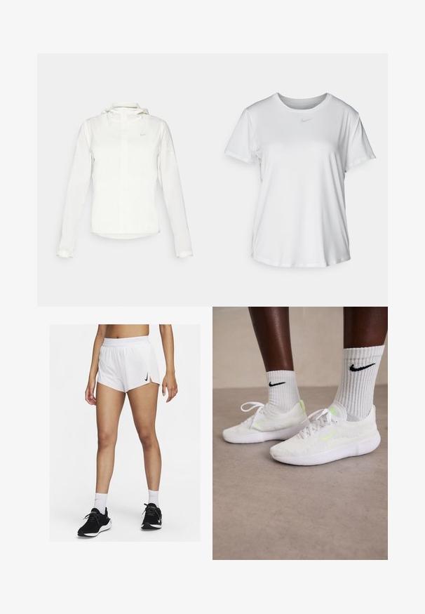 Weiße Nike-Jacke mit Kapuze, durchgehendem Reißverschluss, elastischen Bündchen und einem dezenten Logo auf der Brust. Glatte Textur und leichtes Design.; Weißes T-Shirt mit kurzen Ärmeln aus glattem Stoff, Rundhalsausschnitt und einem kleinen grauen Nike-Logo auf der Brust.; Weiße sportliche Shorts mit einem gerippten Bündchen, seitlichen Schlitzen und einem schwarzen Nike-Logo. Kombiniert mit schwarzen Turnschuhen und weißen Sportsocken.; Weiße Nike-Sneaker mit strukturiertem Mesh-Obermaterial und neongrünen Akzenten, kombiniert mit gerippten weißen Socken, die ein schwarzes Logo tragen.
