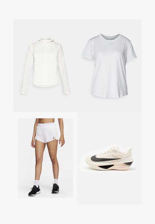 Giacca Nike bianca con cappuccio, zip completa, polsini elasticizzati e un logo discreto sul petto. Texture liscia e design leggero.; T-shirt bianco a maniche corte realizzato in tessuto liscio, con scollatura tonda e un piccolo logo grigio Nike sul petto.; Pantaloncini sportivi bianchi con vita a coste, spacchi laterali e logo Nike nero. Indossati con scarpe da ginnastica nere e calzini bianchi alti.; Scarpa sportiva bianca con una soletta nera e rosa, tomaia testurizzata e il famoso baffo Nike in evidenza, dotata di lacci e collo imbottito.