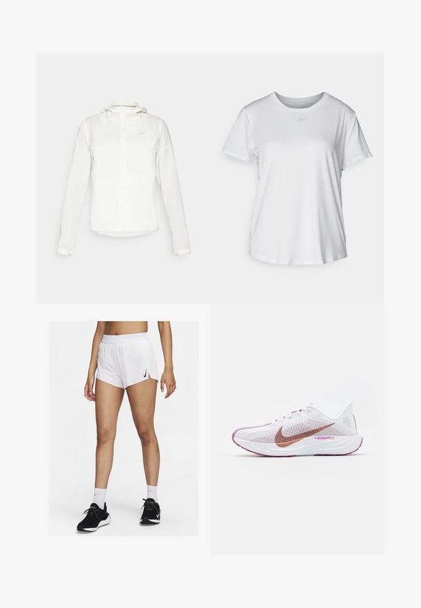 Vit Nike-jacka med huva, hel dragkedja, elastiska ärmslutar och en diskret logotyp på bröstet. Slät textur och lätt design.; Vit T-shirt med kort ärm tillverkad av slätt material, med rund halsringning och en liten grå Nike-logotyp på bröstet.; Vita sportshorts med ribbad midjeresår, sidospjäll och en svart Nike-logotyp. Bärs med svarta sneakers och vita strumpor i crew-längd.; Nike Performance PEGASUS PLUS - Väglöparskor - white/metallic red bronze/platinum violet/plum dust/hot fuchsia
