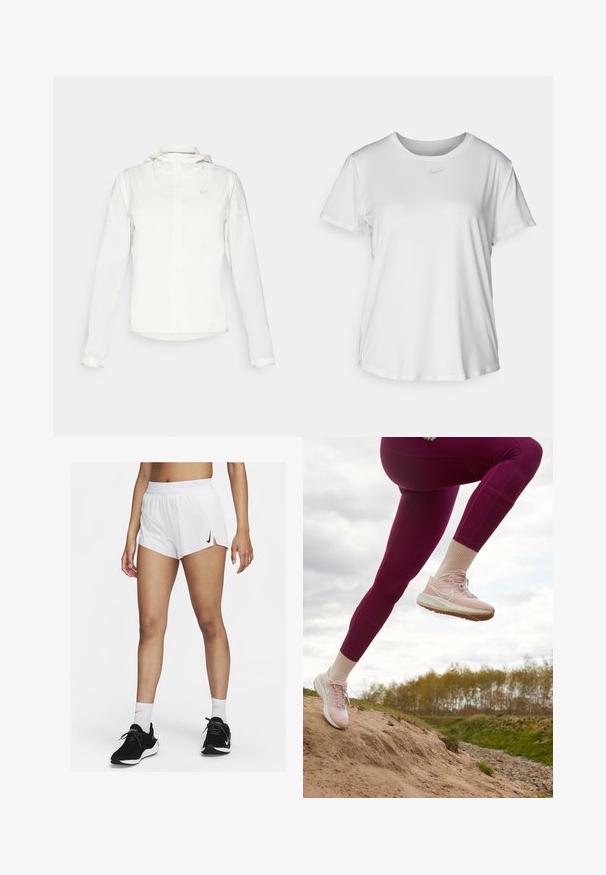 Balta Nike jaka ar kapuci, pilna rāvējslēdzēja, elastīgām piedurknēm un diskrētu logotipu uz krūšu daļas. Gluda tekstūra un viegla konstrukcija.; Balta īsām piedurknēm T-kreklā, kas izgatavota no gludas auduma, ar apaļo kakla izgriezumu un mazu pelēku Nike logo uz krūšu.; Baltas sporta šorti ar ribotu jostas vietu, sānu šķēlumiem un melnu Nike logotipu. Valkāti ar melniem sporta apaviem un baltām ikru zeķēm.; Nike Performance AIR ZOOM PEGASUS 39 - Apavi skriešanai pa asfaltu - pink oxford/summit white/light soft pink/champagne/atmosphere/rose whisper
