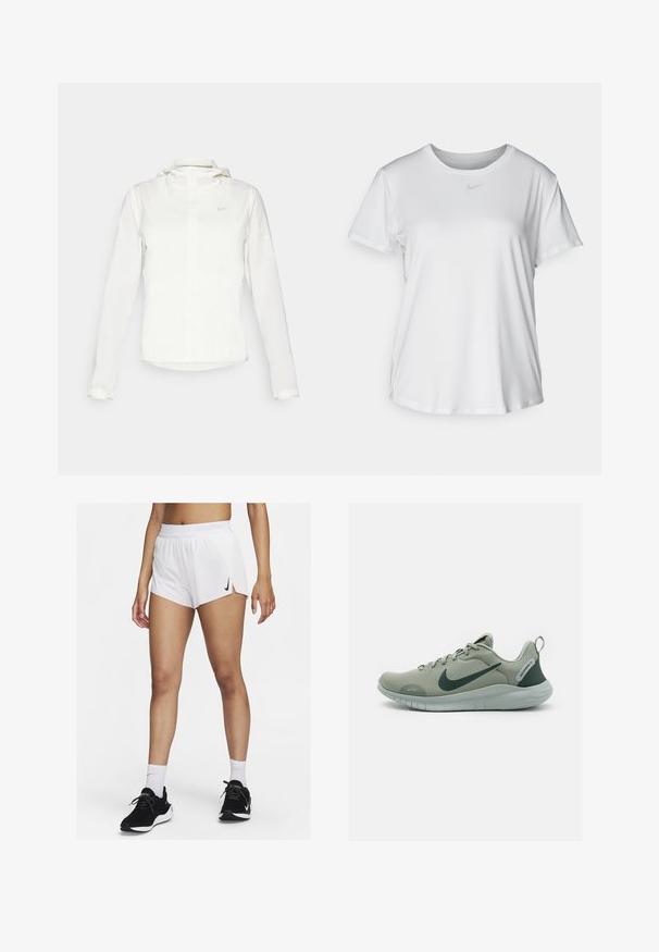 Hvit Nike-jakke med hette, hel glidelås, elastiske mansjetter og en diskret logo på brystet. Glatt tekstur og lett design.; Hvit kortermet T-skjorte laget av glatt stoff, med rund halsringning og en liten grå Nike-logo på brystet.; Hvite atletisk shorts med ribbet linning, sidespalter og en svart Nike-logo. Brukes med svarte joggesko og hvite ankelsokker.; Nike Performance FLEX EXPERIENCE RUN 12 - Treningssko - jade horizon/vintage green/light silver