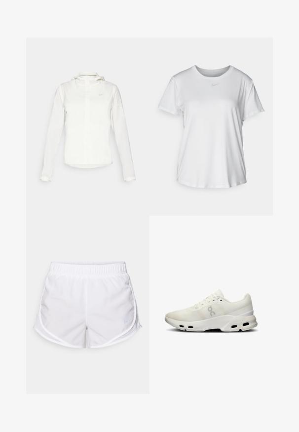 Bílá bunda Nike s kapucí, plným zipem, elastickými manžetami a decentním logem na hrudi. Hladká textura a lehký design.; Bílý krátký rukáv tričko z hladké tkaniny, s kulatým výstřihem a malým šedým logem Nike na hrudi.; Bílé sportovní šortky vyrobené z lehké, prodyšné tkaniny. Mají elastický pás a síťované boční panely, s malým modrým logem jako akcentem.; Bílé sportovní boty s síťovaným svrškem, polstrovaným límcem a texturovanými detaily; mají podrážku Cloudtec s ventilačními otvory pro prodyšnost.