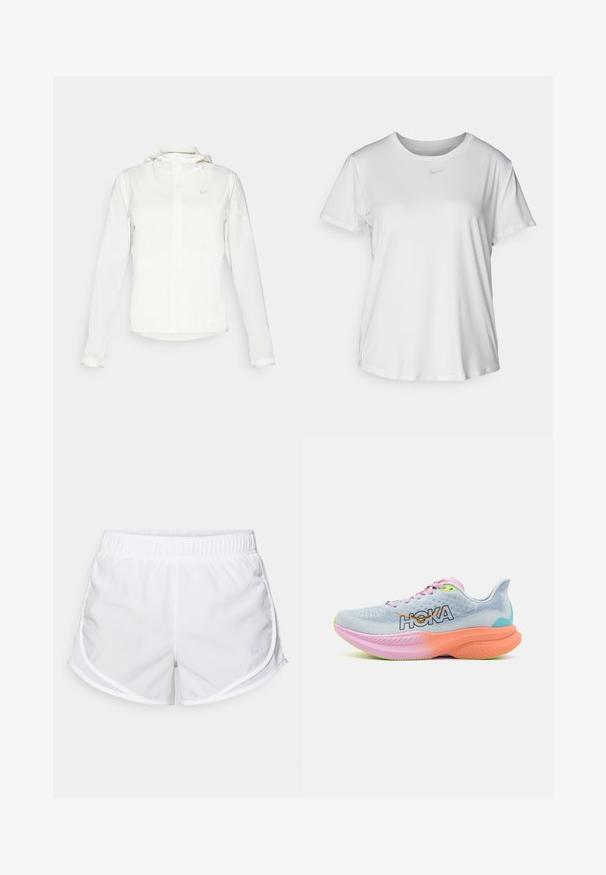 Giacca Nike bianca con cappuccio, zip completa, polsini elasticizzati e un logo discreto sul petto. Texture liscia e design leggero.; T-shirt bianco a maniche corte realizzato in tessuto liscio, con scollatura tonda e un piccolo logo grigio Nike sul petto.; Pantaloni sportivi bianchi realizzati in tessuto leggero e traspirante. Presentano una vita elastica e pannelli laterali in mesh, con un piccolo accento di logo blu.; HOKA MACH 6 - Scarpe da corsa su strada - illusion/dusk
