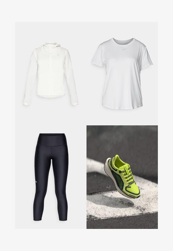White Nike jacket with a hood, full zip, elastic cuffs, and a subtle logo on the chest. Smooth texture and lightweight design.; White short-sleeve T-shirt made of smooth fabric, featuring a round neckline and a small grey Nike logo on the chest.; Black leggings made of smooth, stretchy fabric. High-waisted design with a close fit and a small logo on the left leg.; Neon yellow running shoe with a breathable mesh upper, contrasting dark accents, textured laces, and a cushioned white midsole.