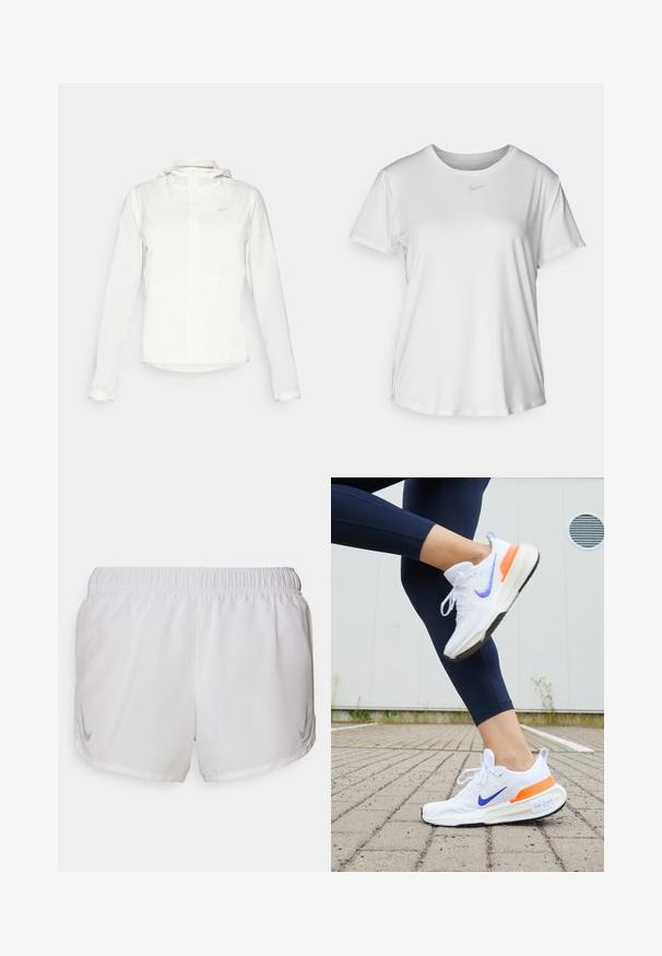 Veste blanche Nike avec capuche, fermeture éclair intégrale, poignets élastiques et un logo discret sur la poitrine. Texture lisse et design léger.; T-shirt blanc à manches courtes en tissu lisse, avec un col rond et un petit logo Nike gris sur la poitrine.; Nike Performance FAST TEMPO SHORT - Short de sport - white/silver; Chaussure de course Nike, principalement blanche avec un swoosh violet et un accent orange. Présente un dessus en tissu texturé et une semelle rembourrée.