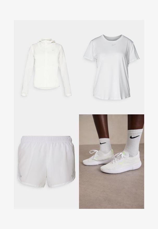 Bijela Nike jakna s kapuljačom, punim zatvaračem, elastičnim manžetama i suptilnim logotipom na prsima. Glatka textura i lagan dizajn.; Bijela majica kratkih rukava od glatkog materijala, s okruglim izrezom i malim sivim Nike logom na prsima.; Nike Performance FAST TEMPO SHORT - Sportske kratke hlače - white/silver; Bijele Nike tenisice s teksturiranim mrežastim gornjim dijelom i neon zelenim naglascima, uparene s rebrastim bijelim čarapama koje imaju crni logo.