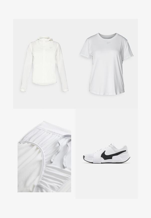 Hvid Nike-jakke med hætte, fuld lynlås, elastiske manchetter og et diskret logo på brystet. Glat tekstur og let design.; Hvid kortærmet T-shirt lavet af glat materiale, med en rund halsudskæring og et lille gråt Nike-logo på brystet.; Hvide atletiske shorts med en tekstureret talje, sammensnørede sideløsninger og en flad snoretræk. Blødt stof med en glat overflade.; Hvide sportssko med sorte detaljer, der har en tekstureret mesh-overdel, polstret krave og gummisål med et zigzag-mønster.