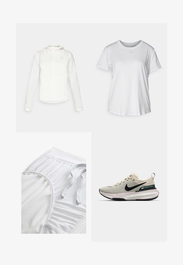 Fehér Nike dzseki kapucnival, teljes cipzárral, rugalmas mandzsettákkal és egy diszkrét logóval a mellkason. Sima textúrájú és könnyű kialakítású.; Fehér, rövid ujjú póló sima anyagból, kerek nyakkivágással és egy kis szürke Nike logóval a mellkason.; Fehér sportnadrág texturált derékpánttal, ráncolt oldali részletekkel és lapos húzózsinórral. Puha anyag sima felülettel.; Világosszürke kötött sportcipő fekete Swoosh logóval, krém színű díszítésekkel, párnázott boka részel és vastag fehér középtalppal a párnázottság érdekében.
