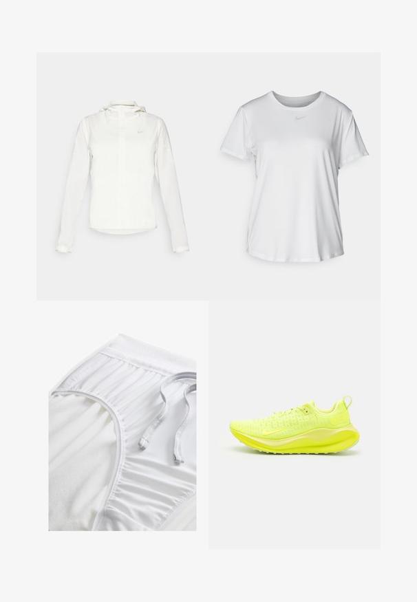 Veste blanche Nike avec capuche, fermeture éclair intégrale, poignets élastiques et un logo discret sur la poitrine. Texture lisse et design léger.; T-shirt blanc à manches courtes en tissu lisse, avec un col rond et un petit logo Nike gris sur la poitrine.; Shorts de sport blancs avec une taille texturée, des détails froncés sur les côtés et un cordon plat. Tissu doux avec une finition lisse.; Baskets de course jaunes fluo avec un dessus en mesh texturé, une semelle rembourrée et une languette en boucle pour un enfilage facile.