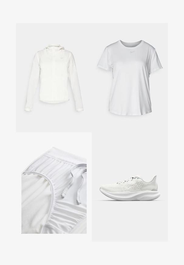 Giacca Nike bianca con cappuccio, zip completa, polsini elasticizzati e un logo discreto sul petto. Texture liscia e design leggero.; T-shirt bianco a maniche corte realizzato in tessuto liscio, con scollatura tonda e un piccolo logo grigio Nike sul petto.; Pantaloni sportivi bianchi con una vita testurizzata, dettagli arricciati sui lati e un cordino piatto. Tessuto morbido con finitura liscia.; Scarpe sportive bianche con una tomaia texturizzata, design con lacci e una suola imbottita con un profilo ondulato. Branding discreto sul lato.