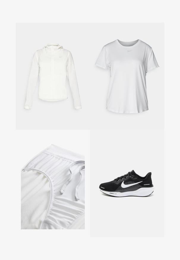 Bijela Nike jakna s kapuljačom, punim zatvaračem, elastičnim manžetama i suptilnim logotipom na prsima. Glatka textura i lagan dizajn.; Bijela majica kratkih rukava od glatkog materijala, s okruglim izrezom i malim sivim Nike logom na prsima.; Bijele atletske kratke hlače s teksturiranim pojasom, nabranim bočnim detaljima i ravnim vezicom. Mekani materijal s glatkom završnom obradom.; Crne atletske tenisice s mrežastim gornjim dijelom, bijelim Nike swooshom i bijelim udobnim potplatom s teksturiranim detaljima.