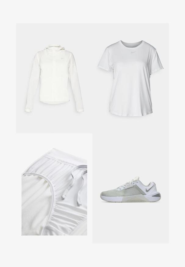 Witte Nike-jack met een capuchon, volledige rits, elastische manchetten en een subtiele logo op de borst. Gladde textuur en lichtgewicht ontwerp.; Witte T-shirt met korte mouwen van gladde stof, met een ronde halslijn en een klein grijs Nike-logo op de borst.; Witte sportshorts met een gestructureerde tailleband, geplooide zijkanten en een platte trekkoord. Zachte stof met een gladde afwerking.; Witte en grijze sportschoen met een gestructureerde stof, een gewatteerde kraag en een rubberen loopzool. Bevat een logo aan de zijkant en driedimensionale details op de bovenkant.