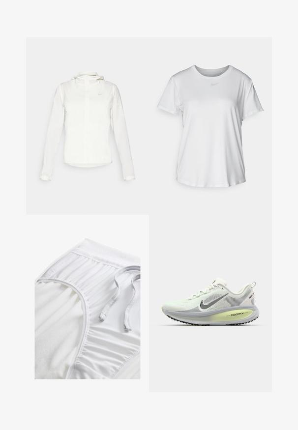 Witte Nike-jack met een capuchon, volledige rits, elastische manchetten en een subtiele logo op de borst. Gladde textuur en lichtgewicht ontwerp.; Witte T-shirt met korte mouwen van gladde stof, met een ronde halslijn en een klein grijs Nike-logo op de borst.; Witte sportshorts met een gestructureerde tailleband, geplooide zijkanten en een platte trekkoord. Zachte stof met een gladde afwerking.; Nike Performance VOMERO 18 - Hardloopschoenen voor op de weg - summit white/black/barely volt/light silver/metallic silver