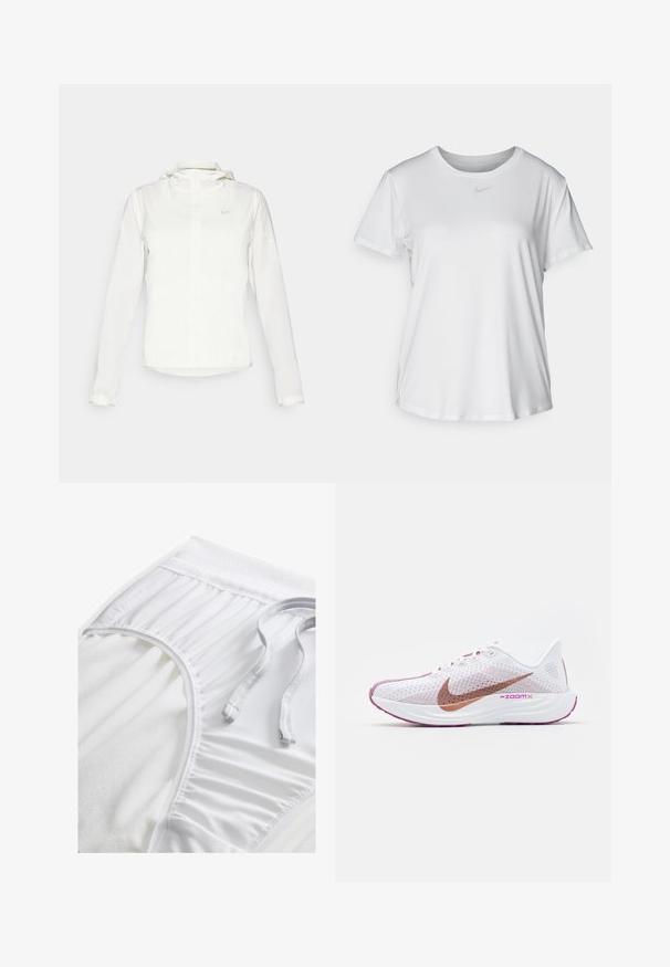 Chaqueta blanca de Nike con capucha, cremallera completa, puños elásticos y un logo sutil en el pecho. Textura suave y diseño ligero.; Camiseta blanca de manga corta hecha de tejido suave, con un escote redondo y un pequeño logo de Nike gris en el pecho.; Pantalones cortos deportivos blancos con una cinta de cintura texturizada, detalles fruncidos en los laterales y un cordón plano. Tejido suave con un acabado liso.; Nike Performance PEGASUS PLUS - Zapatillas running asfalto - white/metallic red bronze/platinum violet/plum dust/hot fuchsia