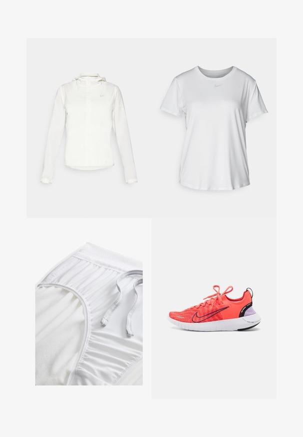 Bílá bunda Nike s kapucí, plným zipem, elastickými manžetami a decentním logem na hrudi. Hladká textura a lehký design.; Bílý krátký rukáv tričko z hladké tkaniny, s kulatým výstřihem a malým šedým logem Nike na hrudi.; Bílé sportovní šortky s texturovaným pasem, na bocích s nabíranými detaily a plochou šňůrkou. Měkká látka s hladkým povrchem.; Světlé korálové běžecké boty s černými a fialovými detaily, bílou podrážkou, logem Nike swoosh a zavázanými tkaničkami, boční pohled na jednobarevném pozadí.