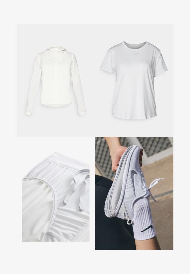 Bela Nike jakna s kapuco, polno zadrgo, elastičnimi manšetami in diskretnim logotipom na prsih. Gladka tekstura in lahko oblikovanje.; Bela kratka majica s kratkimi rokavi, izdelana iz gladkega blaga, z okroglim izrezom in majhnim sivim logotipom Nike na prsih.; Bele atletske kratke hlače z teksturiranim pasom, nabranimi stranskimi detajli in ravnim vrvico. Mehka tkanina z gladko površino.; Bela atletska čevlja z teksturiranim dizajnom in sivo Nike logo, držana nad belo nogavico. Čevlji imajo fleksibilen podplat in vezalke.