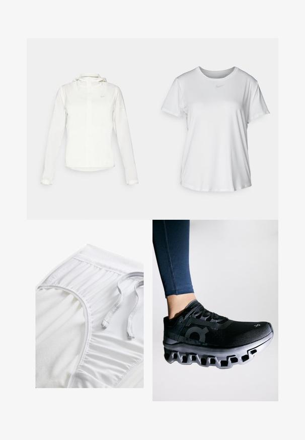 Vit Nike-jacka med huva, hel dragkedja, elastiska ärmslutar och en diskret logotyp på bröstet. Slät textur och lätt design.; Vit T-shirt med kort ärm tillverkad av slätt material, med rund halsringning och en liten grå Nike-logotyp på bröstet.; Vita atletiska shorts med en texturerad midja, samlade sidodetaljer och en platt dragsko. Mjuk tyg med slät yta.; Svart löparskor med en texturerad ovandel och en karakteristisk mellansula som har en unik segmenterad design. Accentuerad med en logotyp på sidan.