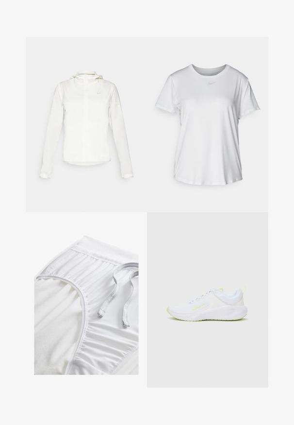 Veste blanche Nike avec capuche, fermeture éclair intégrale, poignets élastiques et un logo discret sur la poitrine. Texture lisse et design léger.; T-shirt blanc à manches courtes en tissu lisse, avec un col rond et un petit logo Nike gris sur la poitrine.; Shorts de sport blancs avec une taille texturée, des détails froncés sur les côtés et un cordon plat. Tissu doux avec une finition lisse.; Chaussure de sport blanche avec un dessus texturé et des accents vert fluo. Dispose d'une semelle rembourrée et d'un col rembourré pour le confort.