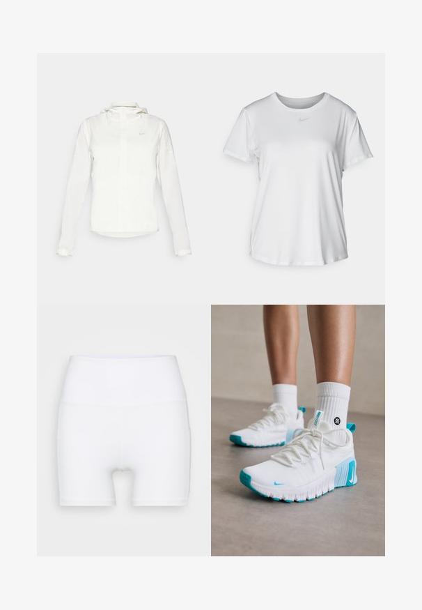 Chaqueta blanca de Nike con capucha, cremallera completa, puños elásticos y un logo sutil en el pecho. Textura suave y diseño ligero.; Camiseta blanca de manga corta hecha de tejido suave, con un escote redondo y un pequeño logo de Nike gris en el pecho.; Shorts blancos de talle alto confeccionados en tejido elástico. Presentan una textura suave y un diseño ajustado, sin patrones ni herrajes adicionales.; Zapatillas deportivas blancas con acentos turquesa, parte superior texturizada, suela flexible y cordones. Llevadas con calcetines blancos cortos.