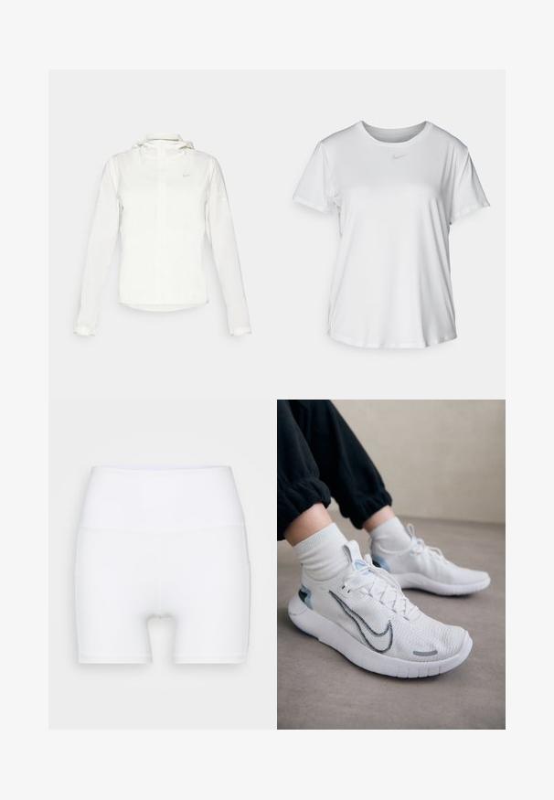Bílá bunda Nike s kapucí, plným zipem, elastickými manžetami a decentním logem na hrudi. Hladká textura a lehký design.; Bílý krátký rukáv tričko z hladké tkaniny, s kulatým výstřihem a malým šedým logem Nike na hrudi.; Bílé šortky s vysokým pasem vyrobené z elastického materiálu. Mají hladký povrch a přiléhavý střih, bez dalších vzorů či kovových prvků.; Bílé tenisky Nike s texturovaným pleteným svrškem, modrými akcenty a výrazným černým logem swoosh. Lehké podešev s designem pro flexibilitu.