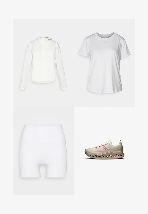 Fehér Nike dzseki kapucnival, teljes cipzárral, rugalmas mandzsettákkal és egy diszkrét logóval a mellkason. Sima textúrájú és könnyű kialakítású.; Fehér, rövid ujjú póló sima anyagból, kerek nyakkivágással és egy kis szürke Nike logóval a mellkason.; Fehér, magas derekú, rugalmas anyagból készült sort. Simább textúrával és testhezálló dizájnnal rendelkezik, további minták vagy fémalkatrészek nélkül.; Világos bézs színű sportcipők texturált felsőrésszel, piros részletekkel, és innovatív talppal, amely kivágásokkal rendelkezik a légáteresztés és a párnázás érdekében.