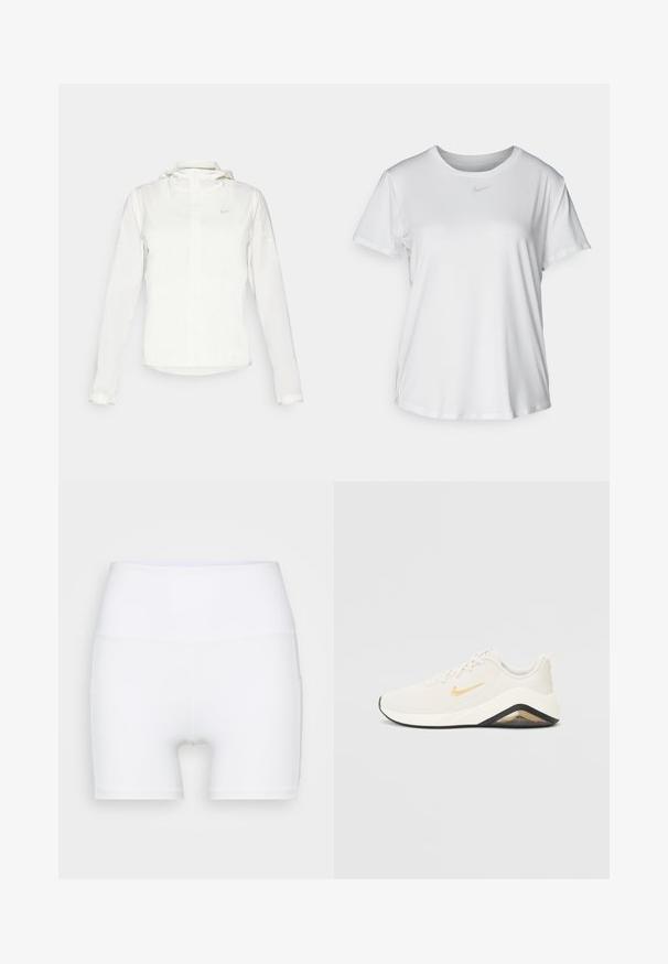 Chaqueta blanca de Nike con capucha, cremallera completa, puños elásticos y un logo sutil en el pecho. Textura suave y diseño ligero.; Camiseta blanca de manga corta hecha de tejido suave, con un escote redondo y un pequeño logo de Nike gris en el pecho.; Shorts blancos de talle alto confeccionados en tejido elástico. Presentan una textura suave y un diseño ajustado, sin patrones ni herrajes adicionales.; Zapatillas Nike con un diseño en blanco y dorado, que presentan una parte superior texturizada, un talón acolchado, suela negra y un logotipo prominente.