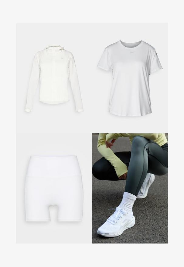 Valkoinen Nike-takki hupulla, täyspitkällä vetoketjulla, joustavilla hihansuilla ja hillityllä logolla rinnassa. Sujuva pinta ja kevyt muotoilu.; Valkoinen lyhythihainen T-paita, joka on valmistettu sileästä kankaasta. Paidoissa on pyöreä kaula-aukko ja rintaan on painettu pieni harmaa Nike-logo.; Valkoiset korkeavyötäröiset shortsit, jotka on valmistettu joustavasta kankaasta. Ominaisuuksiin kuuluu sileä pinta ja tiukka muotoilu, ilman lisäkuvioita tai varusteita.; Valkoiset urheilukengät, joissa on verkkopinta, litteät nauhat ja pehmustettu pohja, yhdistetty tummanvihreisiin legginsseihin ja vaaleankeltaiseen pitkähihaiseen paitoihin.