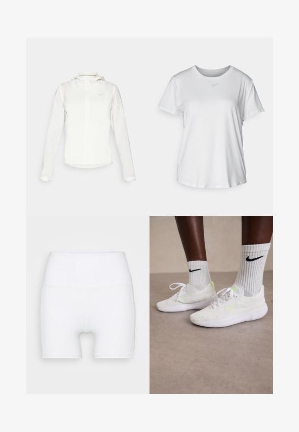 White Nike jacket with a hood, full zip, elastic cuffs, and a subtle logo on the chest. Smooth texture and lightweight design.; White short-sleeve T-shirt made of smooth fabric, featuring a round neckline and a small grey Nike logo on the chest.; White high-waisted shorts made from stretch fabric. Features a smooth texture and fitted design, with no additional patterns or hardware.; White Nike sneakers with textured mesh upper and neon green accents, paired with ribbed white socks featuring a black logo.