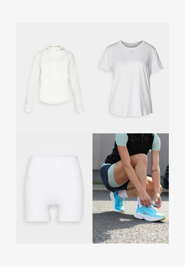 White Nike jacket with a hood, full zip, elastic cuffs, and a subtle logo on the chest. Smooth texture and lightweight design.; White short-sleeve T-shirt made of smooth fabric, featuring a round neckline and a small grey Nike logo on the chest.; White high-waisted shorts made from stretch fabric. Features a smooth texture and fitted design, with no additional patterns or hardware.; Lightweight turquoise running shoes with a textured mesh upper, white soles, and green accents, being laced by a person on a pavement.