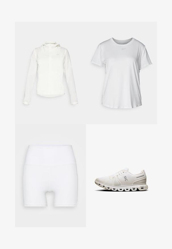 Hvid Nike-jakke med hætte, fuld lynlås, elastiske manchetter og et diskret logo på brystet. Glat tekstur og let design.; Hvid kortærmet T-shirt lavet af glat materiale, med en rund halsudskæring og et lille gråt Nike-logo på brystet.; Hvide højtaljede shorts lavet af strækstof. Har en glat tekstur og en tætsiddende design, uden yderligere mønstre eller hardware.; Hvid atletisk sko med en mesh-overdel, flade snørebånd og en karakteristisk sål med segmenteret polstring og subtile grå detaljer.