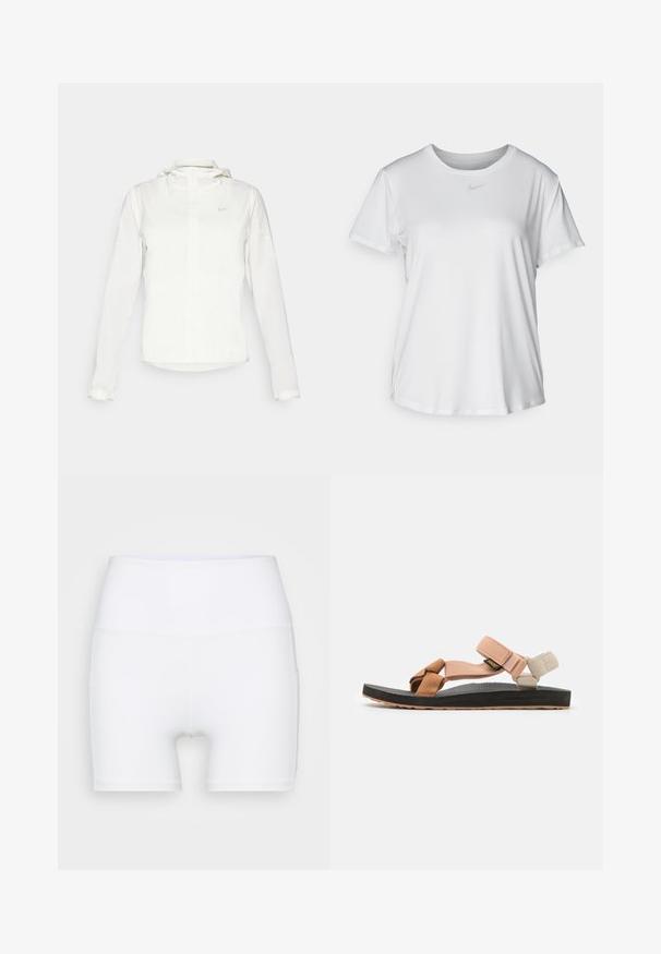 Weiße Nike-Jacke mit Kapuze, durchgehendem Reißverschluss, elastischen Bündchen und einem dezenten Logo auf der Brust. Glatte Textur und leichtes Design.; Weißes T-Shirt mit kurzen Ärmeln aus glattem Stoff, Rundhalsausschnitt und einem kleinen grauen Nike-Logo auf der Brust.; Weiße, hochtaillierte Shorts aus dehnbarem Stoff. Sie verfügen über eine glatte Textur und eine figurbetonte Passform, ohne zusätzliche Muster oder Hardware.; Schuhe: Flache Sandalen mit verstellbaren Riemen in Pfirsich, Beige und Creme. Gummisohle mit strukturiertem Muster, braunen Akzenten und schwarzem Boden.
