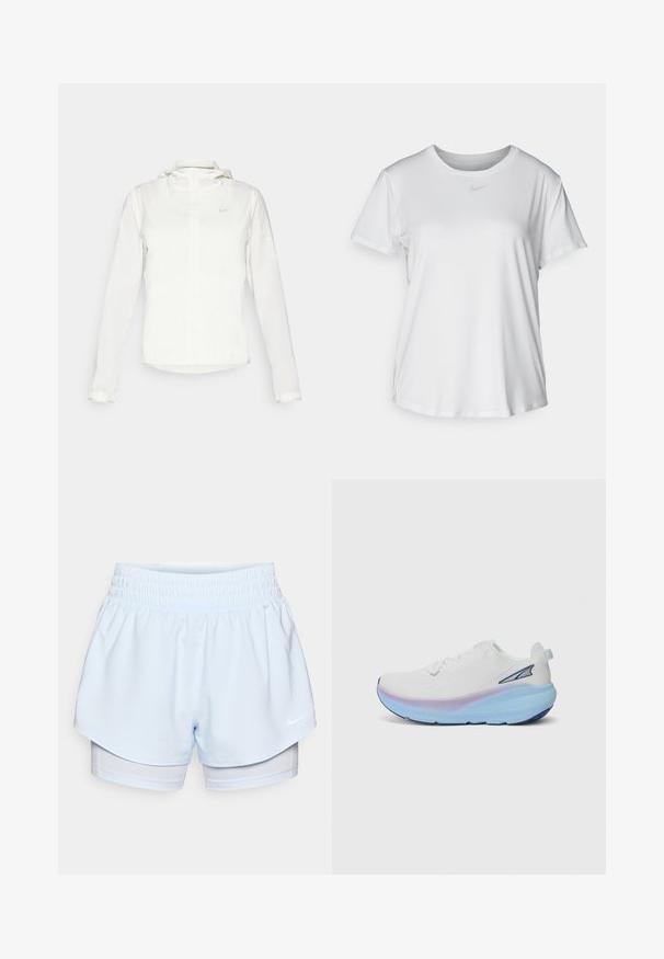 Balta Nike jaka ar kapuci, pilna rāvējslēdzēja, elastīgām piedurknēm un diskrētu logotipu uz krūšu daļas. Gluda tekstūra un viegla konstrukcija.; Balta īsām piedurknēm T-kreklā, kas izgatavota no gludas auduma, ar apaļo kakla izgriezumu un mazu pelēku Nike logo uz krūšu.; Gaiši zili sporta šorti ar elastīgu jostu; ārējā kārta ir īsāka, iekšējā kārta ir pieguļoša un izgatavota no elpojoša auduma.; Baltas skriešanas apavu modelis ar strukturētu augšdaļu, kuras zole tiek akcentēta ar gradientu zilās un purpursarkanās krāsās, un uz sāniem ir neliels logo.