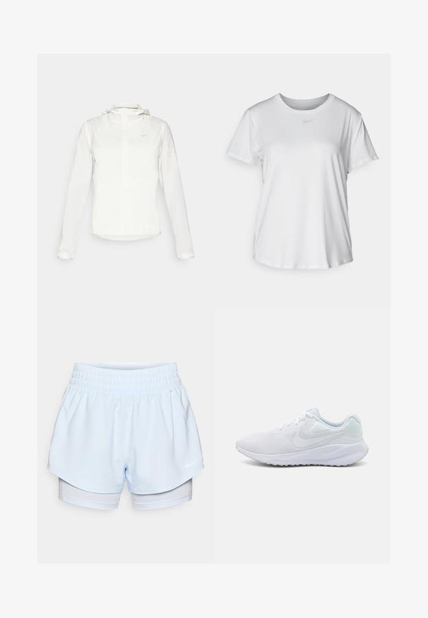 Witte Nike-jack met een capuchon, volledige rits, elastische manchetten en een subtiele logo op de borst. Gladde textuur en lichtgewicht ontwerp.; Witte T-shirt met korte mouwen van gladde stof, met een ronde halslijn en een klein grijs Nike-logo op de borst.; Lichtblauwe sportshorts met een elastische tailleband; de buitenlaag heeft een korte snit, de binnenlaag is aansluitend en gemaakt van ademend materiaal.; Witte sportschoenen met een mesh bovenkant, textuurontwerp, ronde neus, gevoerde kraag en lichtblauwe accenten op de hiel. Rubberen zool.