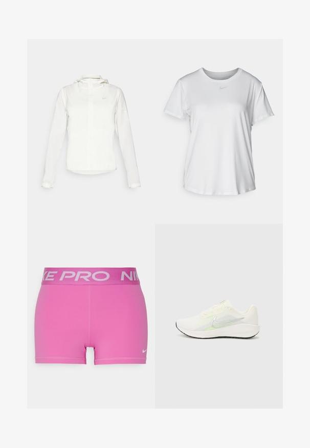 Bílá bunda Nike s kapucí, plným zipem, elastickými manžetami a decentním logem na hrudi. Hladká textura a lehký design.; Bílý krátký rukáv tričko z hladké tkaniny, s kulatým výstřihem a malým šedým logem Nike na hrudi.; Růžové sportovní šortky s širokým šedým pasem Nike Pro. Vyrobené z hladkého, pružného materiálu s plochými švy a malým logem Nike.; Nike Performance DOWNSHIFTER 13 - Silniční běžecké boty - sail/silver-coloured photon dust/summit white/barely volt/black