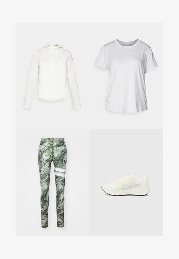 Giacca Nike bianca con cappuccio, zip completa, polsini elasticizzati e un logo discreto sul petto. Texture liscia e design leggero.; T-shirt bianco a maniche corte realizzato in tessuto liscio, con scollatura tonda e un piccolo logo grigio Nike sul petto.; Stronger EXPLORE - Leggings - tropical; Nike Performance DOWNSHIFTER 13 - Scarpe da corsa su strada - sail/silver-coloured photon dust/summit white/barely volt/black