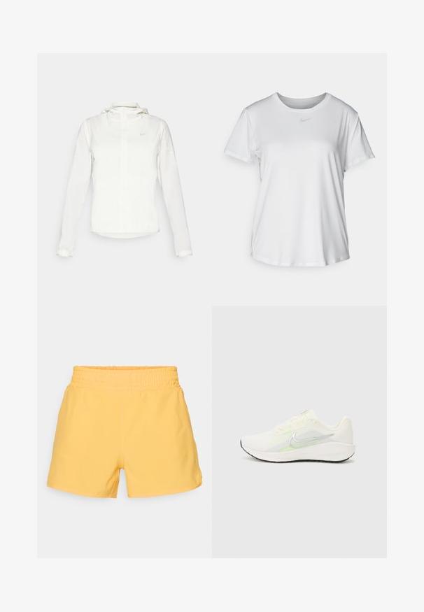 Valkoinen Nike-takki hupulla, täyspitkällä vetoketjulla, joustavilla hihansuilla ja hillityllä logolla rinnassa. Sujuva pinta ja kevyt muotoilu.; Valkoinen lyhythihainen T-paita, joka on valmistettu sileästä kankaasta. Paidoissa on pyöreä kaula-aukko ja rintaan on painettu pieni harmaa Nike-logo.; Keltaiset elastisen vyötärön shortsit, joissa on sileä pinta, rento istuvuus ja minimalistinen muotoilu. Ei näkyviä taskuja tai koristeluja.; Nike Performance DOWNSHIFTER 13 - Katujuoksukengät - sail/silver-coloured photon dust/summit white/barely volt/black