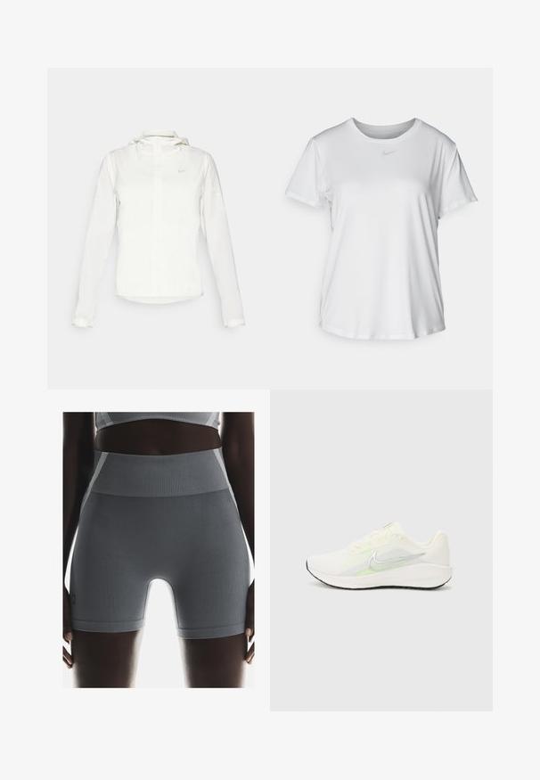 Fehér Nike dzseki kapucnival, teljes cipzárral, rugalmas mandzsettákkal és egy diszkrét logóval a mellkason. Sima textúrájú és könnyű kialakítású.; Fehér, rövid ujjú póló sima anyagból, kerek nyakkivágással és egy kis szürke Nike logóval a mellkason.; Szürke bordás sportnadrágok magas derékkal, sima felülettel és testhezálló fazonnal rendelkeznek, oldalán egy kis márkacímkével kiegészítve.; Nike Performance DOWNSHIFTER 13 - Utcai futócipők - sail/silver-coloured photon dust/summit white/barely volt/black