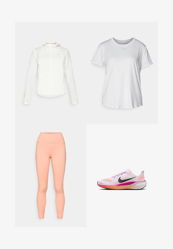 Giacca Nike bianca con cappuccio, zip completa, polsini elasticizzati e un logo discreto sul petto. Texture liscia e design leggero.; T-shirt bianco a maniche corte realizzato in tessuto liscio, con scollatura tonda e un piccolo logo grigio Nike sul petto.; Leggings color pesca realizzati in materiale elastico, con vita alta, texture liscia e design senza cuciture, privi di tasche visibili.; Scarpa da corsa bianca con tomaia in mesh, dettagli rosa e arancione, logo swoosh nero, suola in gomma e intersuola imbottita per il comfort.