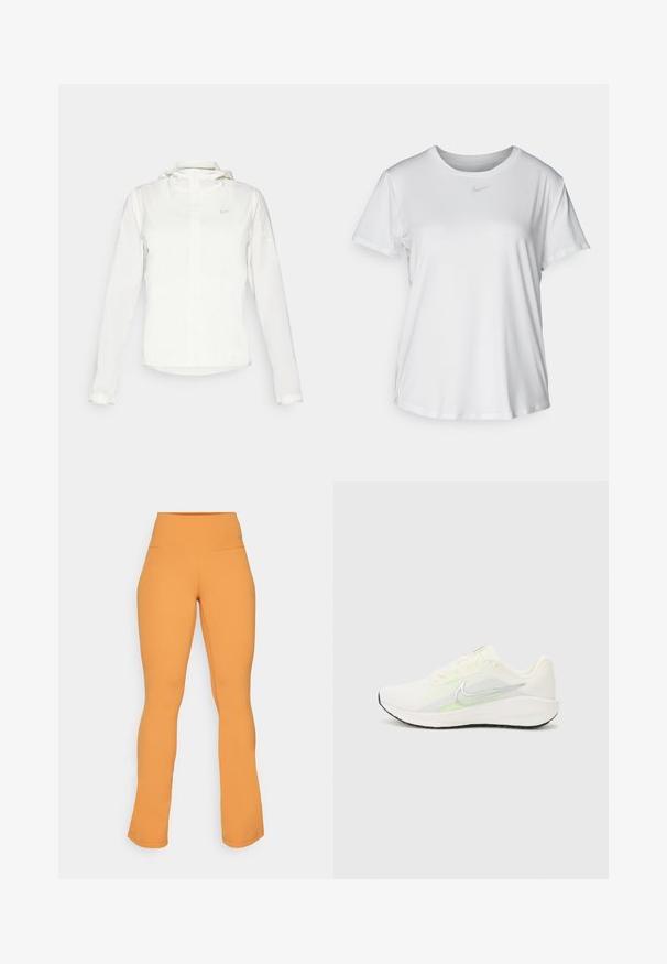 Bílá bunda Nike s kapucí, plným zipem, elastickými manžetami a decentním logem na hrudi. Hladká textura a lehký design.; Bílý krátký rukáv tričko z hladké tkaniny, s kulatým výstřihem a malým šedým logem Nike na hrudi.; Oranžové legíny s rozšířenými nohavicemi a vysokým pasem, vyrobené z elastického materiálu. Vyznačují se hladkou texturou a jemným logem na pase.; Nike Performance DOWNSHIFTER 13 - Silniční běžecké boty - sail/silver-coloured photon dust/summit white/barely volt/black