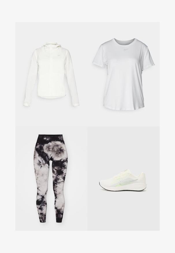 Hvit Nike-jakke med hette, hel glidelås, elastiske mansjetter og en diskret logo på brystet. Glatt tekstur og lett design.; Hvit kortermet T-skjorte laget av glatt stoff, med rund halsringning og en liten grå Nike-logo på brystet.; Yogasearcher GENJI - Tights - black; Nike Performance DOWNSHIFTER 13 - Løpesko for vei - sail/silver-coloured photon dust/summit white/barely volt/black