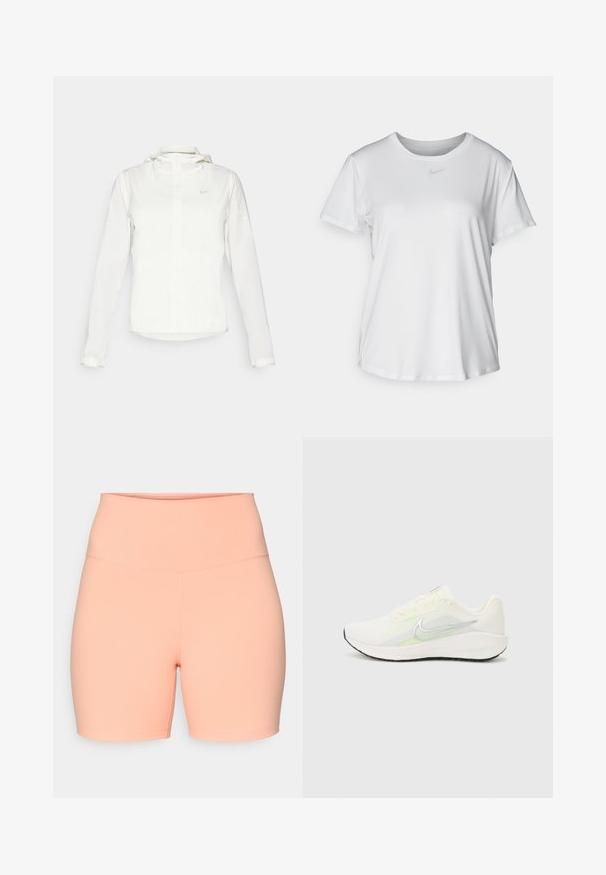 Bijela Nike jakna s kapuljačom, punim zatvaračem, elastičnim manžetama i suptilnim logotipom na prsima. Glatka textura i lagan dizajn.; Bijela majica kratkih rukava od glatkog materijala, s okruglim izrezom i malim sivim Nike logom na prsima.; Breskvaste boje, rastezljive kratke hlače visokog struka. Glatka tekstura, dužine do koljena, bez vidljivih uzoraka ili dijelova hardvera.; Nike Performance DOWNSHIFTER 13 - Tenisice za cestovno trčanje - sail/silver-coloured photon dust/summit white/barely volt/black