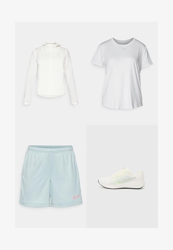 White Nike jacket with a hood, full zip, elastic cuffs, and a subtle logo on the chest. Smooth texture and lightweight design.; White short-sleeve T-shirt made of smooth fabric, featuring a round neckline and a small grey Nike logo on the chest.; Light blue athletic shorts with an elastic waistband, featuring a pink Nike logo on the side and a mesh texture at the hem.; Nike Performance DOWNSHIFTER 13 - Road running shoes - sail/silver-coloured photon dust/summit white/barely volt/black
