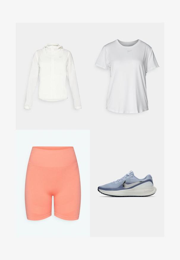 Fehér Nike dzseki kapucnival, teljes cipzárral, rugalmas mandzsettákkal és egy diszkrét logóval a mellkason. Sima textúrájú és könnyű kialakítású.; Fehér, rövid ujjú póló sima anyagból, kerek nyakkivágással és egy kis szürke Nike logóval a mellkason.; Rózsaszínű, magas derékú sportnadrág elasztikus anyagból, sima felülettel és diszkrét bordázott részletekkel az alján.; Világoskék és fehér Nike futócipő ezüst swoosh logóval, légáteresztő hálós felsővel, párnázott talppal és fekete talpkiképzéssel.