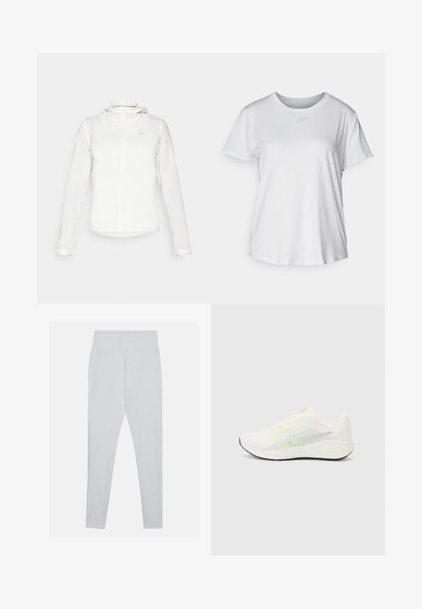 Giacca Nike bianca con cappuccio, zip completa, polsini elasticizzati e un logo discreto sul petto. Texture liscia e design leggero.; T-shirt bianco a maniche corte realizzato in tessuto liscio, con scollatura tonda e un piccolo logo grigio Nike sul petto.; Leggings bianchi realizzati in materiale elastico, con una vita alta, una texture liscia e senza cuciture o decorazioni visibili.; Nike Performance DOWNSHIFTER 13 - Scarpe da corsa su strada - sail/silver-coloured photon dust/summit white/barely volt/black