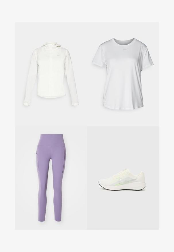 Witte Nike-jack met een capuchon, volledige rits, elastische manchetten en een subtiele logo op de borst. Gladde textuur en lichtgewicht ontwerp.; Witte T-shirt met korte mouwen van gladde stof, met een ronde halslijn en een klein grijs Nike-logo op de borst.; Paarse legging met een hoge tailleband, gemaakt van rekbaar materiaal, met zijzakken en een gladde textuur. Nike-logo op de tailleband.; Nike Performance DOWNSHIFTER 13 - Hardloopschoenen voor op de weg - sail/silver-coloured photon dust/summit white/barely volt/black