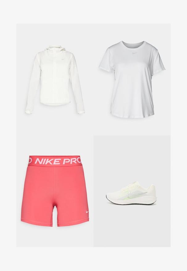 Giacca Nike bianca con cappuccio, zip completa, polsini elasticizzati e un logo discreto sul petto. Texture liscia e design leggero.; T-shirt bianco a maniche corte realizzato in tessuto liscio, con scollatura tonda e un piccolo logo grigio Nike sul petto.; Nike Performance SHORT - Leggings - aster pink/white; Nike Performance DOWNSHIFTER 13 - Scarpe da corsa su strada - sail/silver-coloured photon dust/summit white/barely volt/black